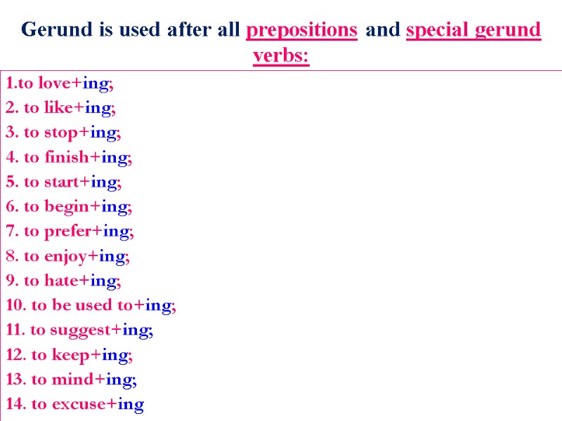 Gerund is used after all prepositions and special gerund verbs:  1.to love+ing; 